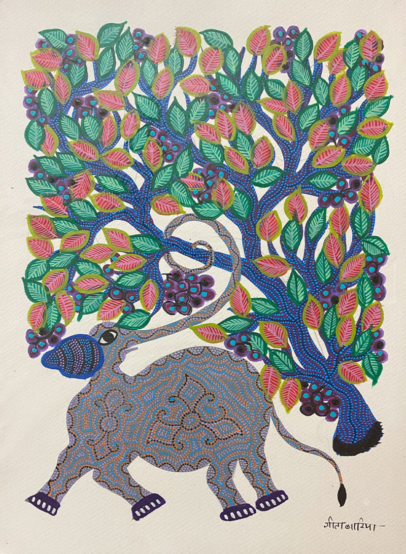 Elephant under a Tree, Bhil Art by Geeta Bariya