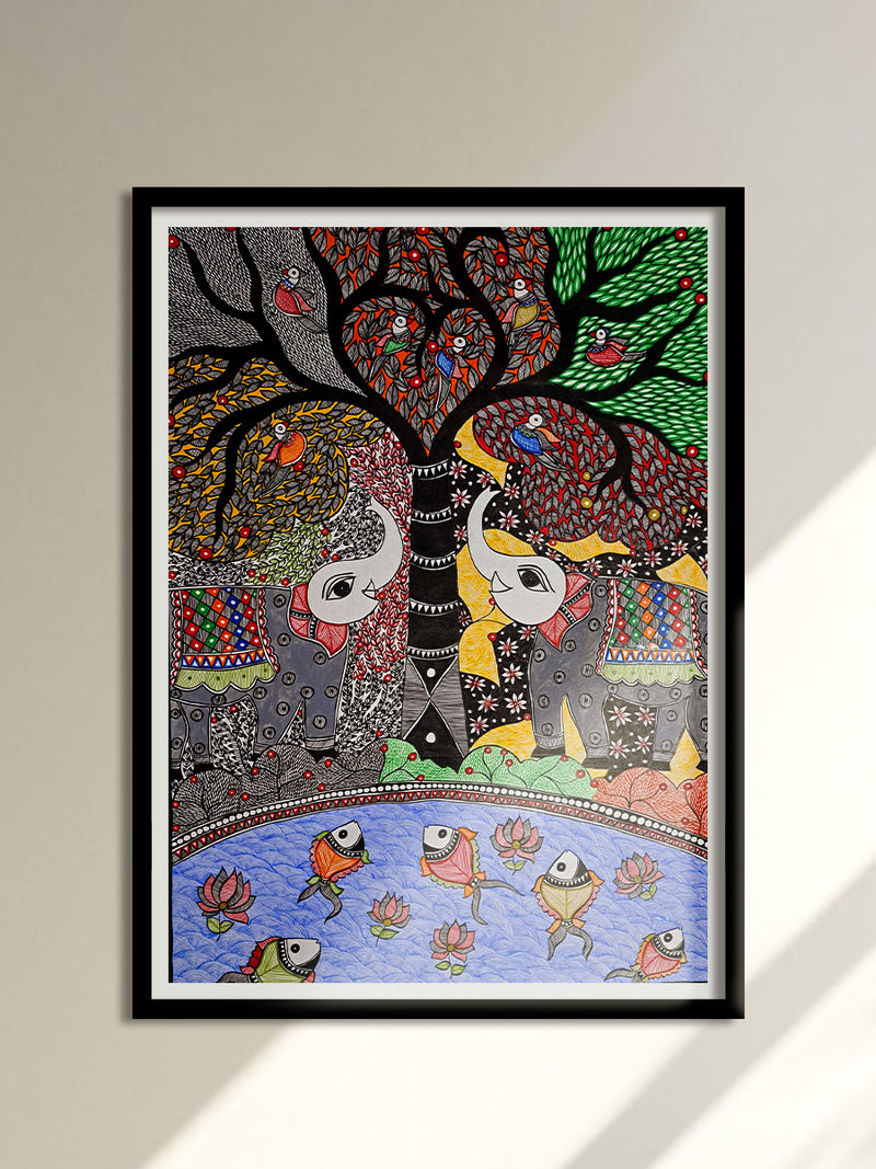 Elephants under Tree of life with marine illustration: Madhubani by Vibhuti Nath