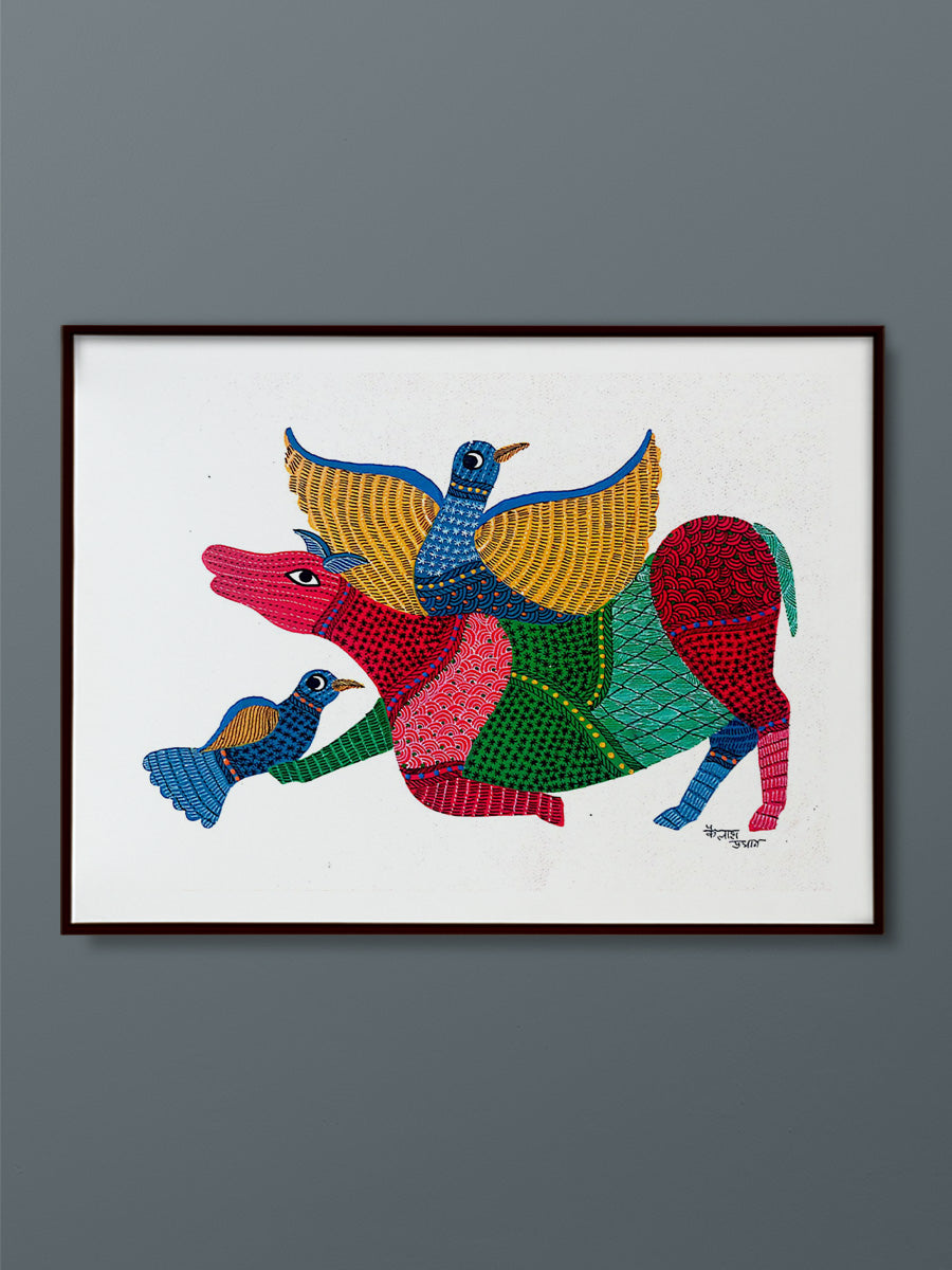 Discover the exquisite beauty of Emerald Symphony, a vibrant Gond painting available for purchase at our art gallery.