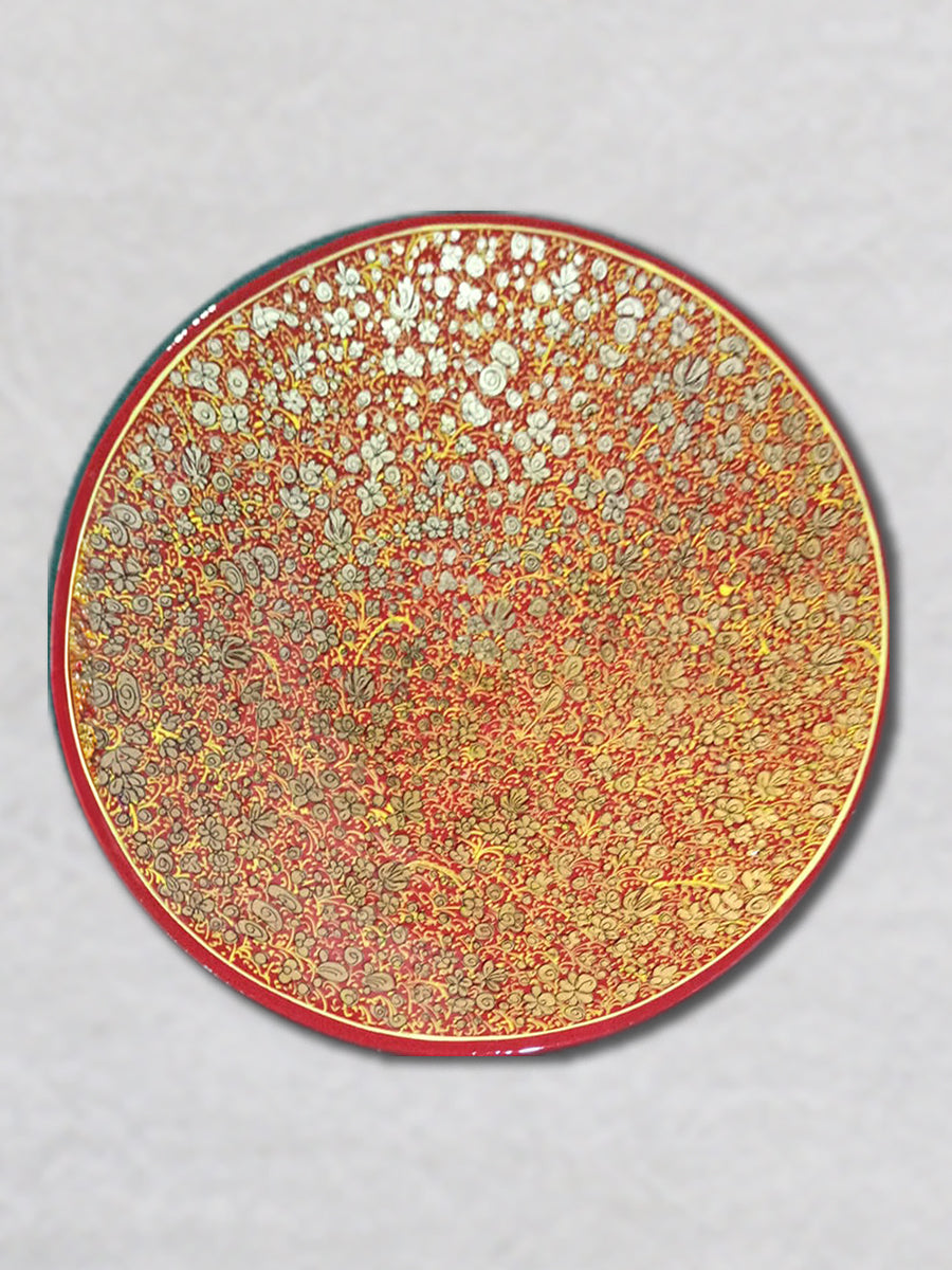 Enchanting Tales on Canvas: Paper Mache Kashmiri Red-Golden Floral Naqashi Wall Plates on sale now!