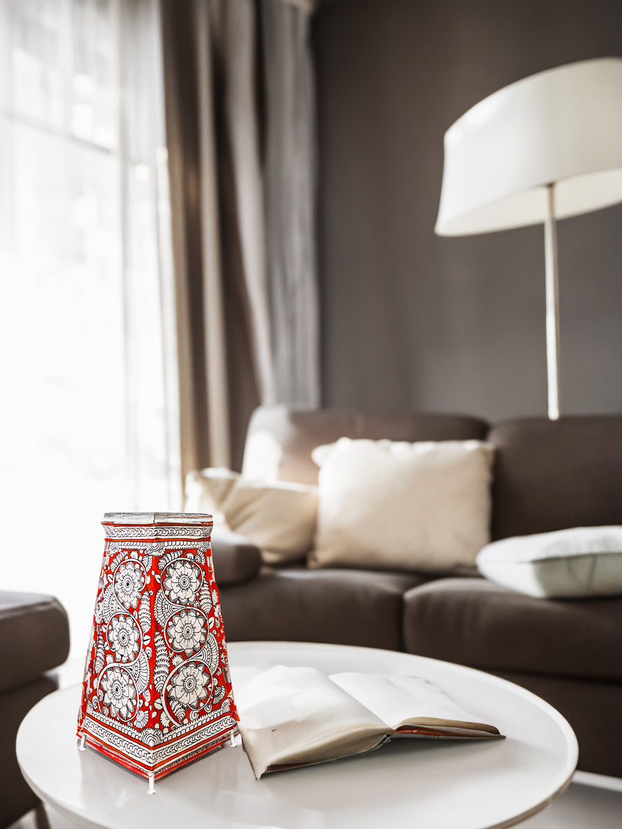 Ethereal Blooms: Red Floral Tholu Bommalata Tabletop Lamp by Kanday Anjanapp for sale