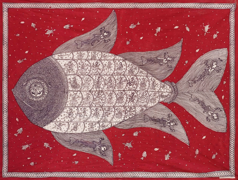 Fish with goddesses in Mata Ni Pachedi by Vasant Manubhai Chitara