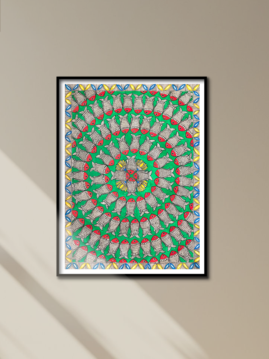 Fishes in the circle of Life, Madhubani by Ambika devi for sale