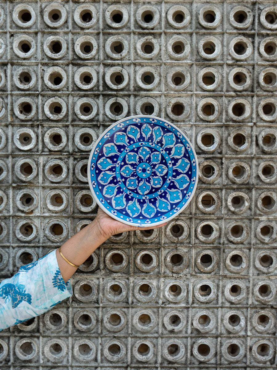 Flower Wall Plate Blue Pottery for Sale