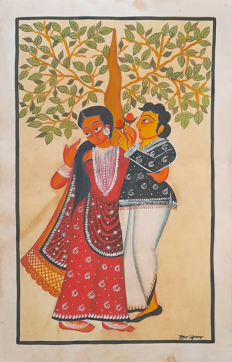 Floral Gestures of Affection: A Kalighat Painting by Uttam Chitrakar