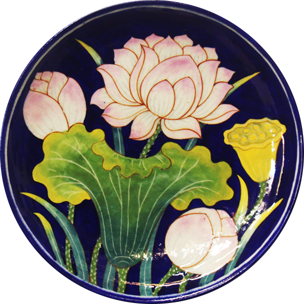 Buy Full Bloom Lotus In Blue Pottery Plate by Shilp Guru Gopal Saini