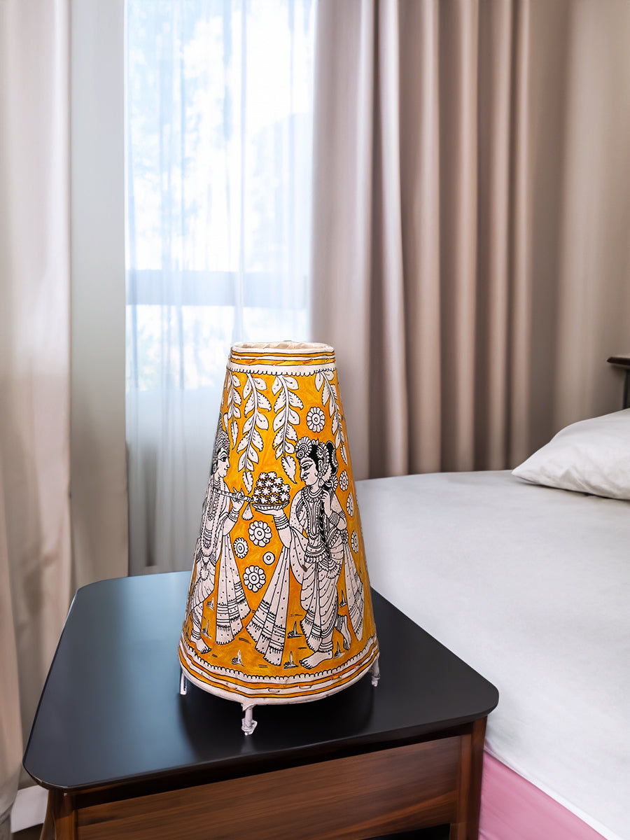 Fusion of Art and Illumination: Yellow Radha Krishna Tholu Bommalata Tabletop Lamp by Kanday Anjanapp for sale