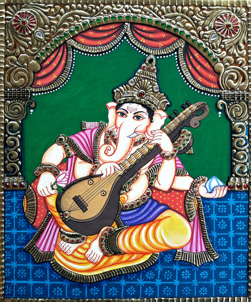 Buy Ganesha playing Sitar, Tanjore Art by Sanjay Tandekar