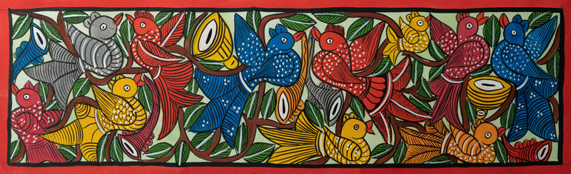 Gathering of birds: Santhal Tribal Pattachitra