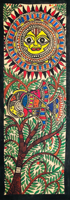 Glorious Union: Sun God's Brilliance Meets Peacock's Grace Madhubani art by Ambika Devi