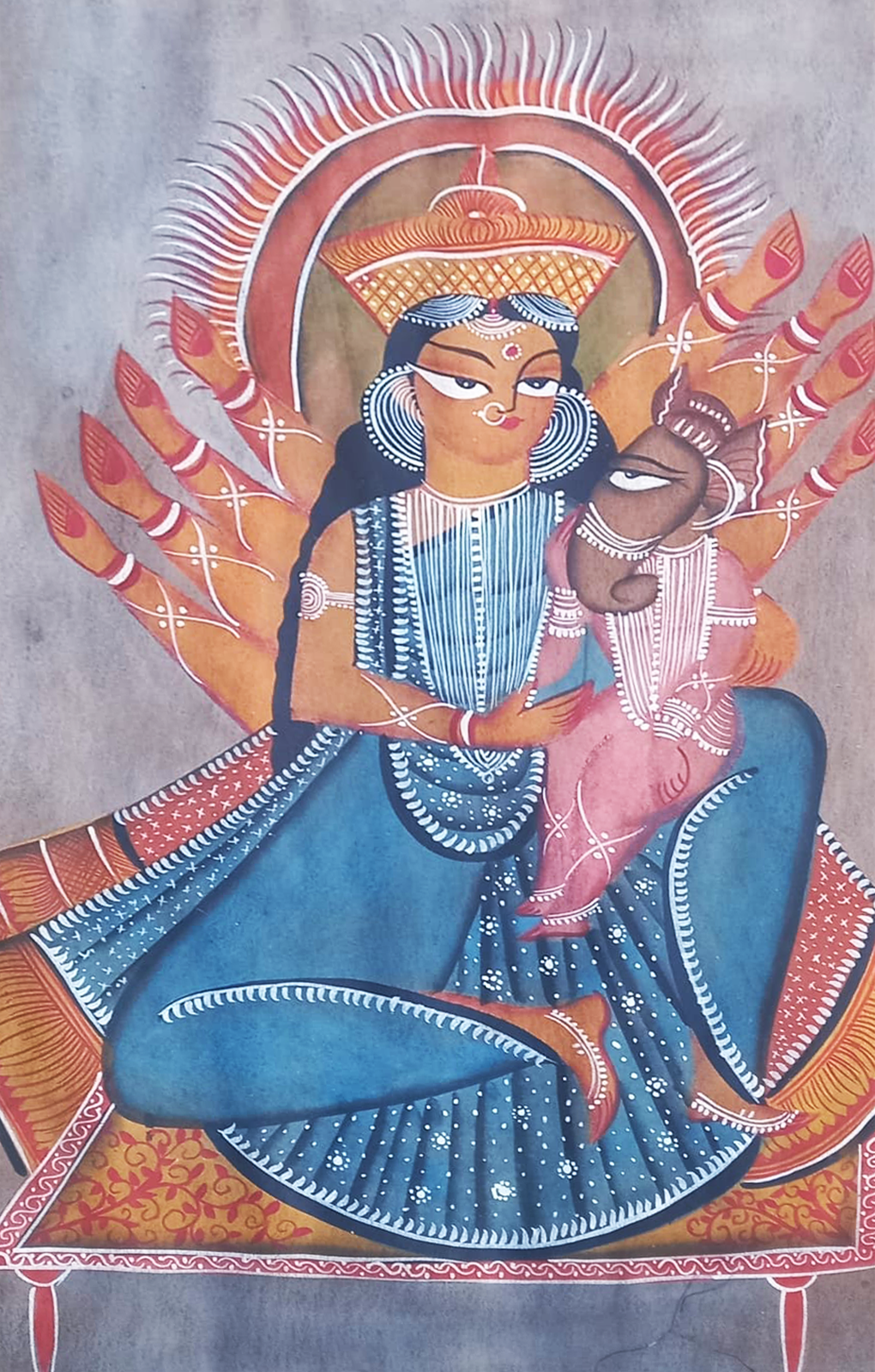 Goddess Durga with infant Ganesha: Kalighat by Uttam Chitrakar