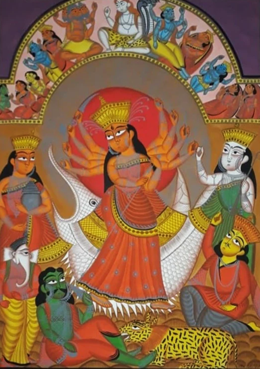 Goddess Durga's Radiance: Kalighat Artistry by Uttam Chitrakar