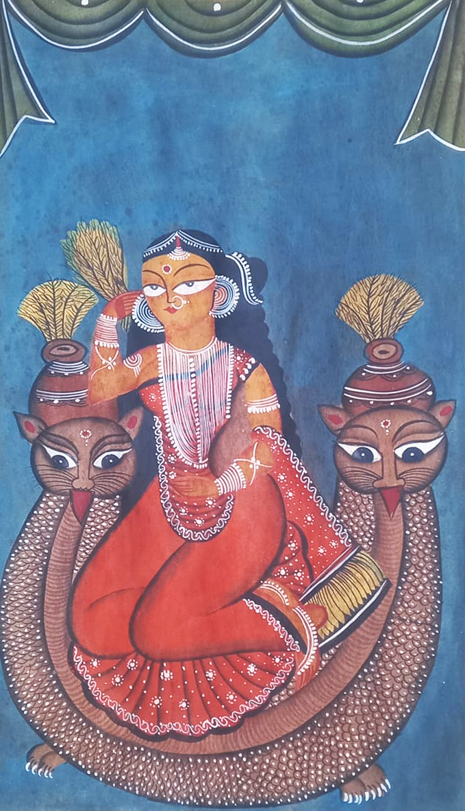 Goddess Lakshmi seated on an owl: Kalighat by Uttam Chitrakar