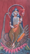 Goddess Saraswati with lotus motifs: Kalighat by Uttam Chitrakar