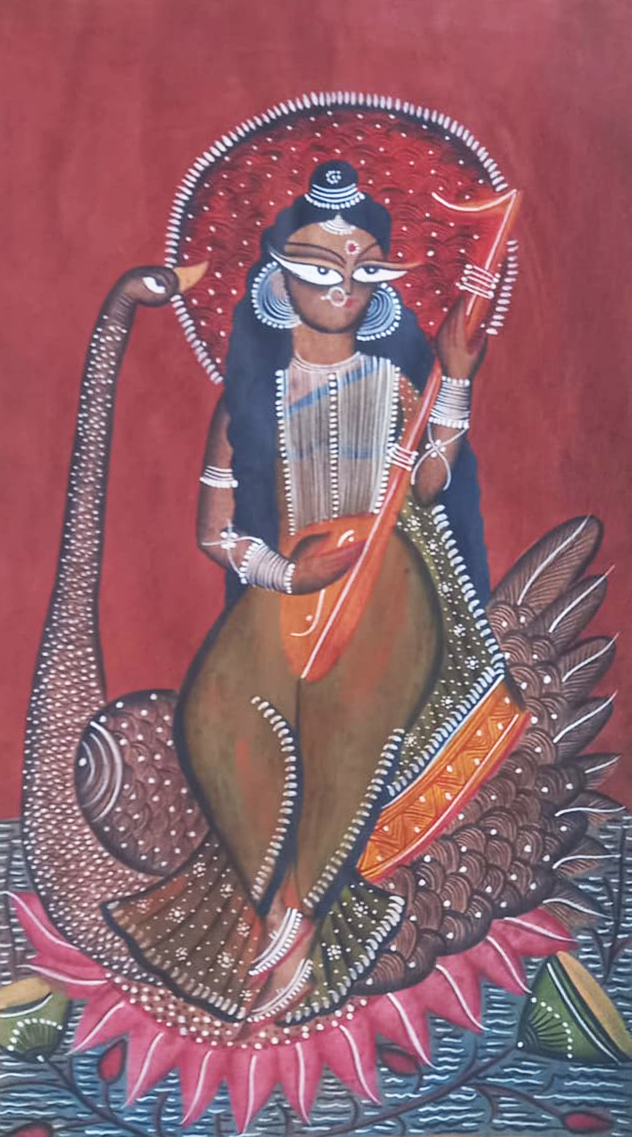 Goddess Saraswati with lotus motifs: Kalighat by Uttam Chitrakar