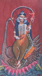 Goddess Saraswati with lotus motifs: Kalighat by Uttam Chitrakar