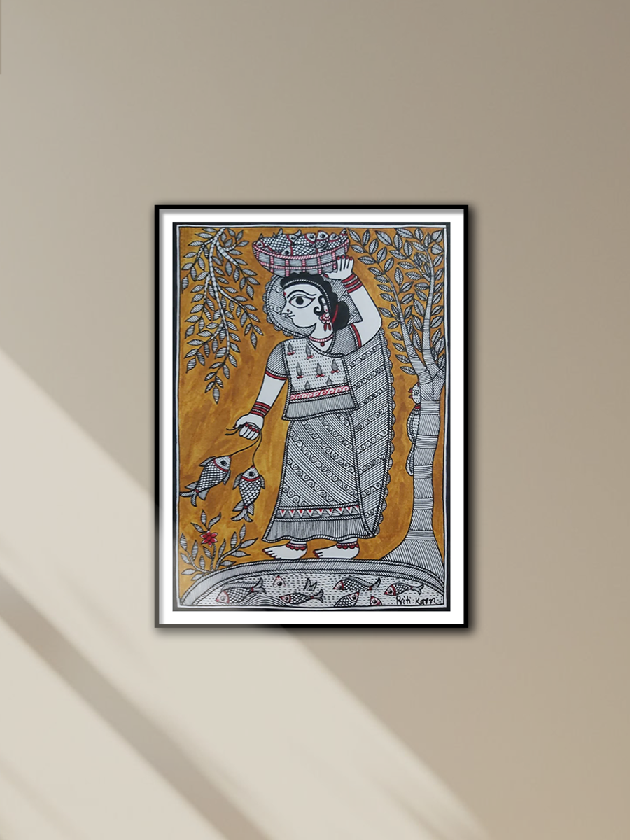 Shop Goddess in Fishing:Madhubani painting by Priti Karn