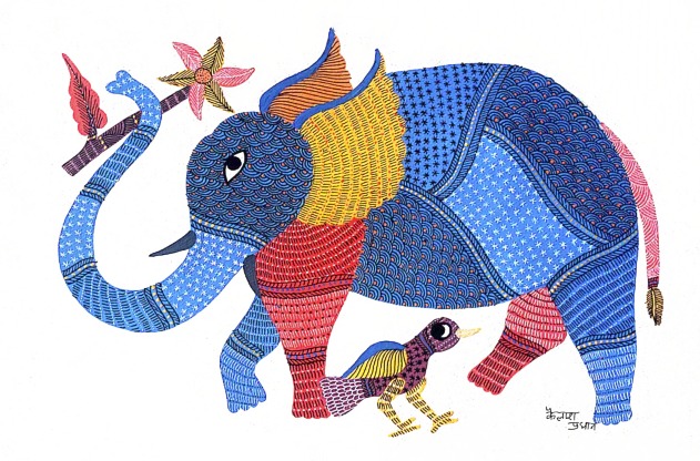 Grandeur Elephant: Canvas with brilliant vibrancy Gond artwork For Sale