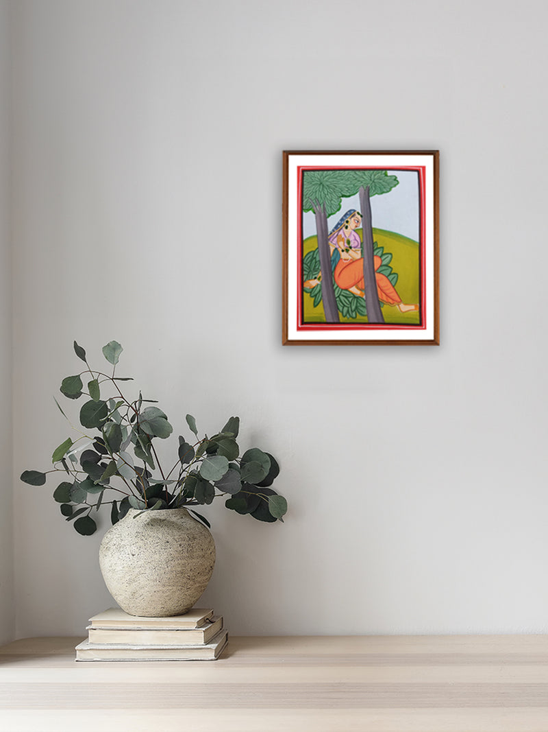 Purchase Harmony of Hues: A Woman's Elegance Amidst Lush Green Landscapes Basohli Painting 