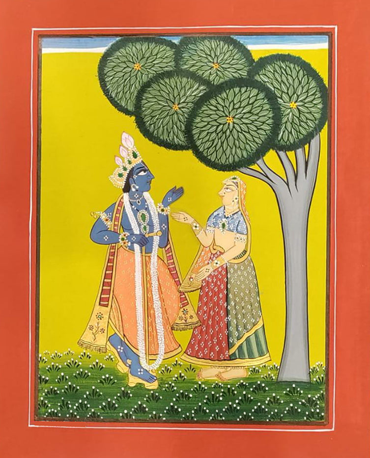 Heavenly Harmony: Radha and Krishna in Divine Embrace Basohli Painting by Aastha Billowria  & Shivakshi Sharma