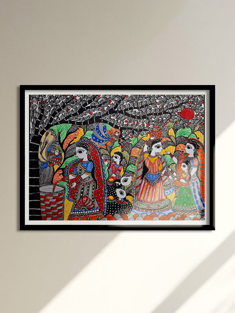 rural chores in Madhubani painting by Vibhuti Nath