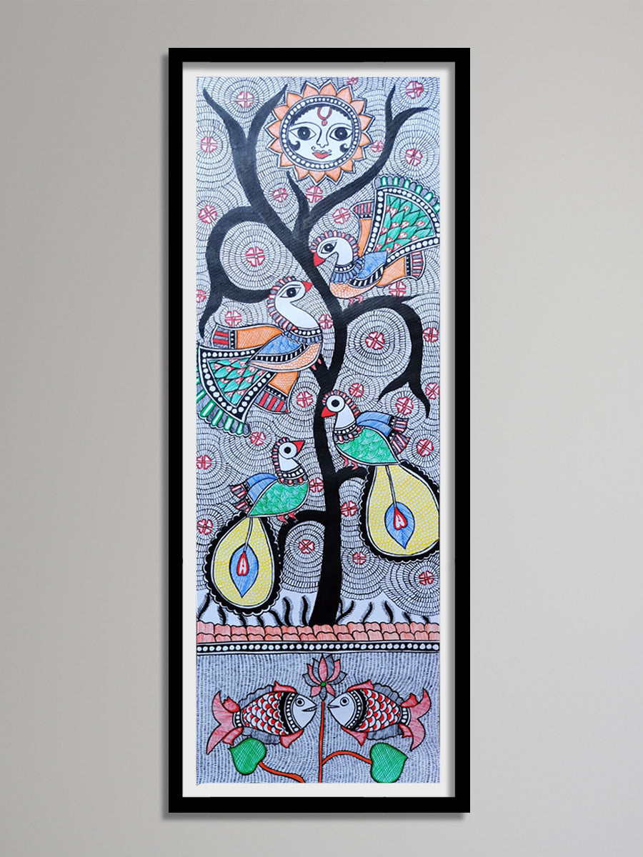 Imagery of tree with birds and pond possessing grey background: Madhubani by Vibhuti Nath