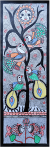 Buy Imagery of tree with birds and pond possessing grey background: Madhubani by Vibhuti Nath