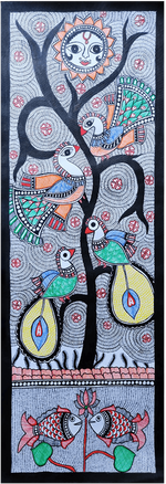 Buy Imagery of tree with birds and pond possessing grey background: Madhubani by Vibhuti Nath