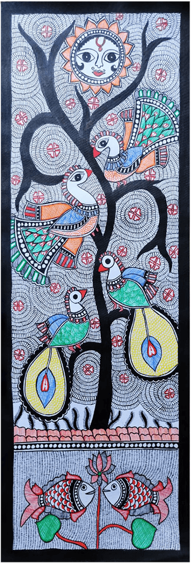 Buy Imagery of tree with birds and pond possessing grey background: Madhubani by Vibhuti Nath