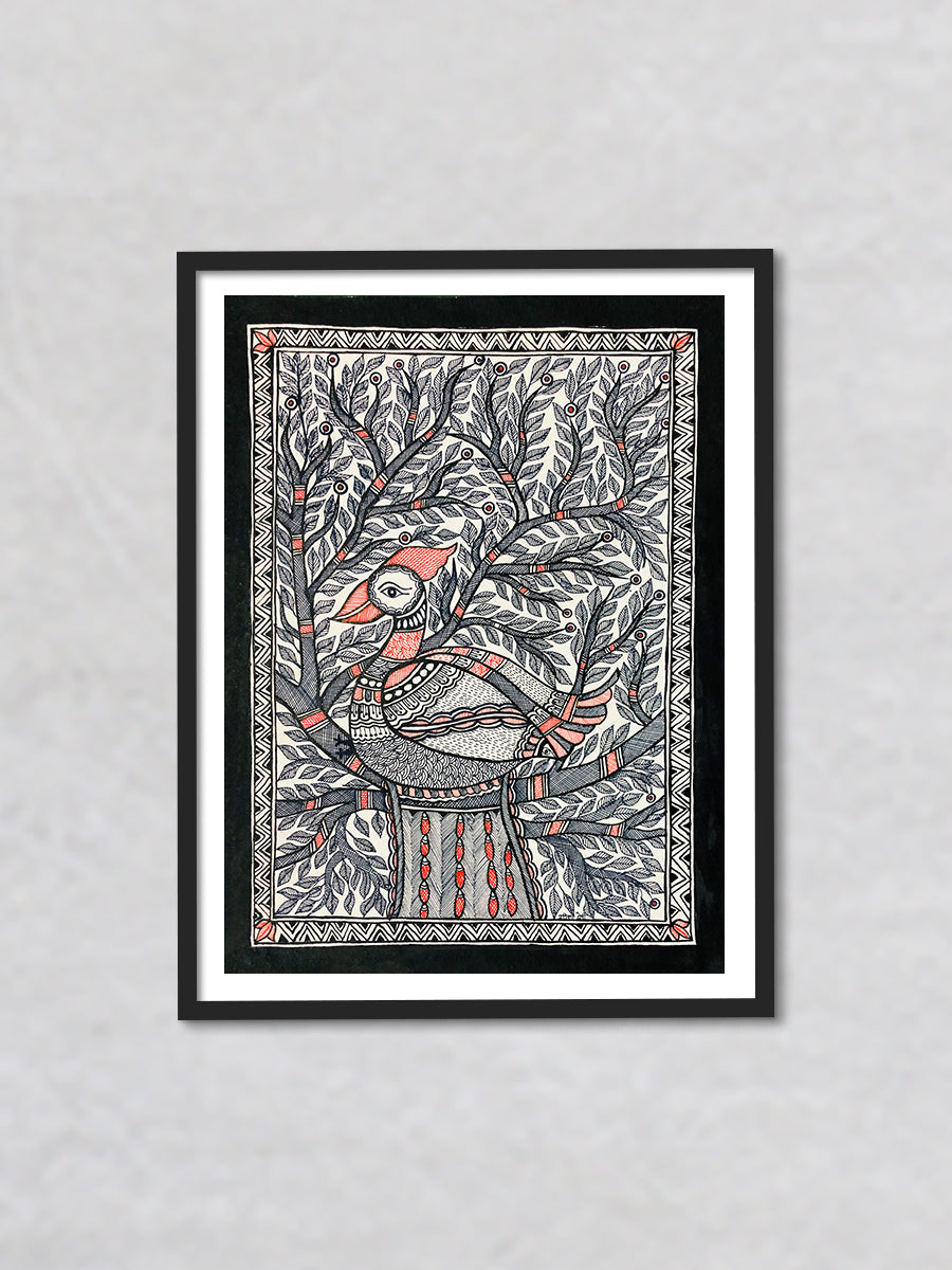 Ink and Intricacy - Monochromatic Symphony of Peacock Madhubani Art by Ambika Devi