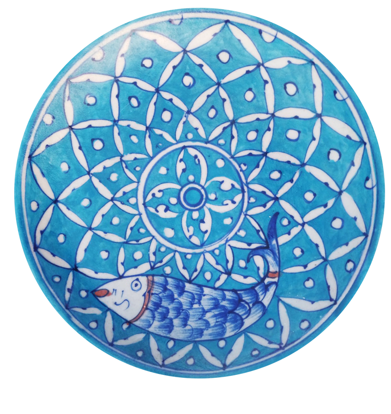 Buy Intricate Fish Design on a plate In Blue pottery