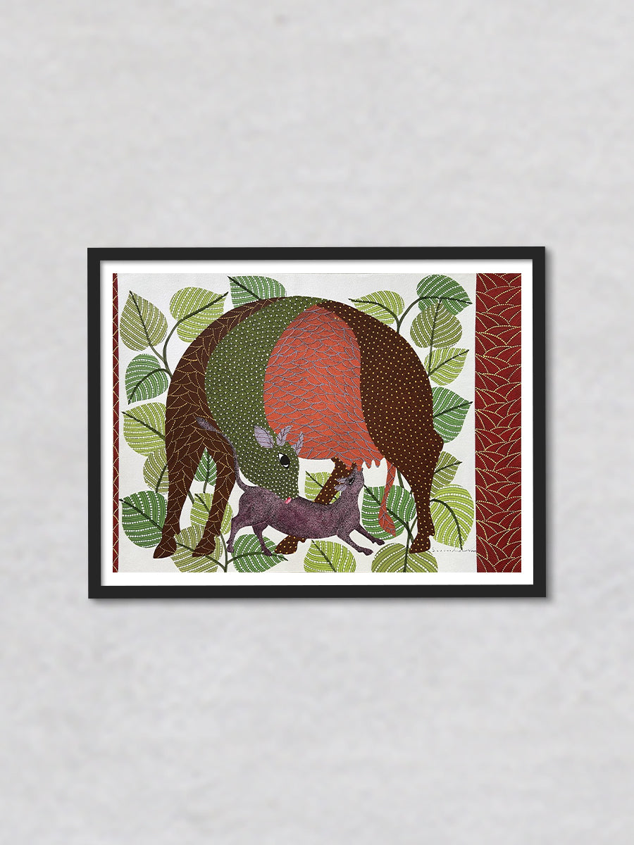 Kaamdhenu with Calf Gond painting by Venkat Shyam