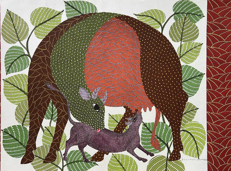 Buy Kaamdhenu with Calf Gond painting by Venkat Shyam