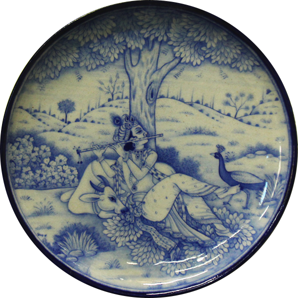 Krishna playing Flute in Blue Pottery Plates by Shilp Guru Gopal Saini