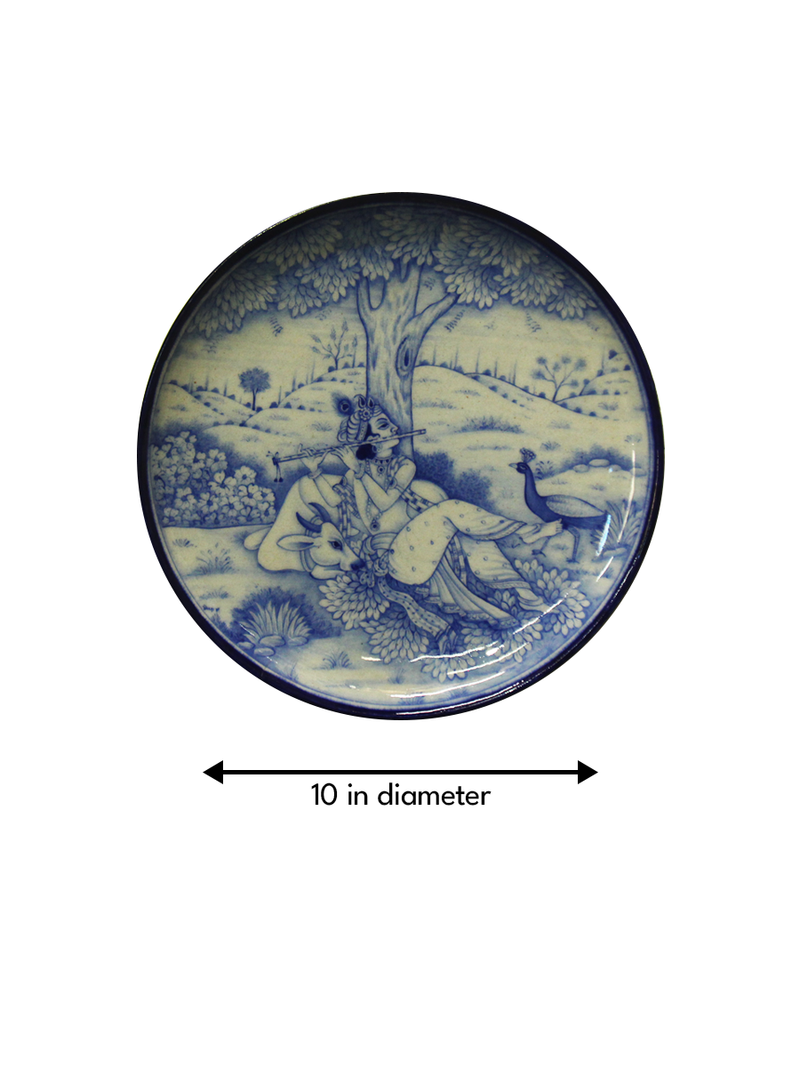 Krishna playing Flute in Blue Pottery Plates for sale