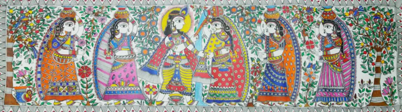 Buy Krishna with Gopis:Madhubani painting by Priti Karn