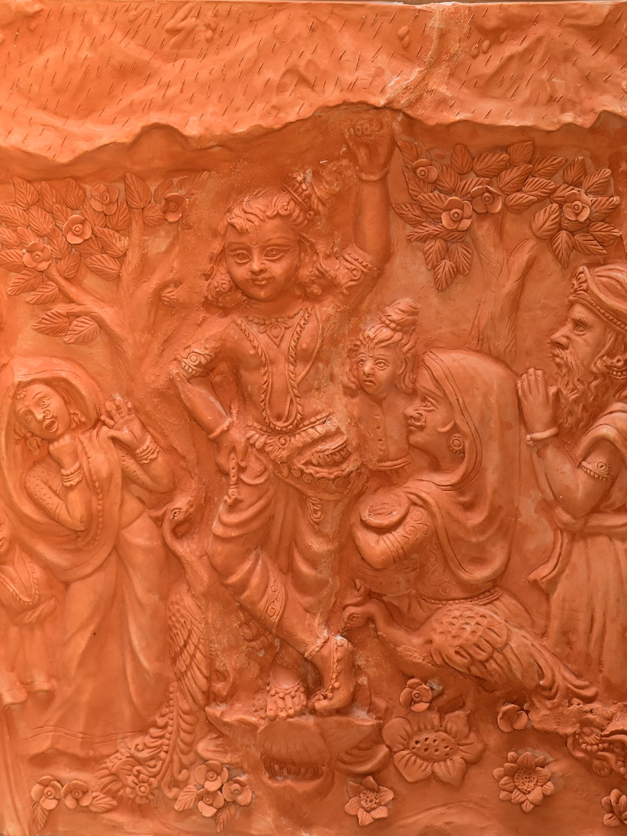 Krishna's Sheltering Grace: Terracotta Model of Govardhan Leela, Terracotta art by Dolon Kundu