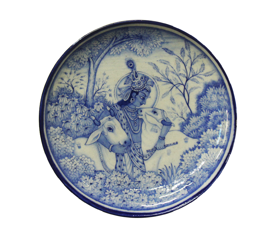 Buy Lord Krishna In Blue Pottery Plates by Shilp Guru Gopal Saini