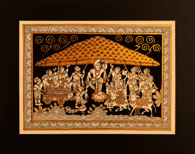 Lord Krishna lifting Govardhan: Phad by Kalyan Joshi for Sale