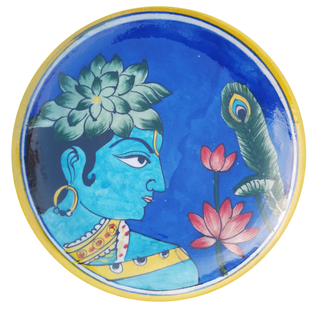 Buy Lord Krishna on a plate In Blue Pottery