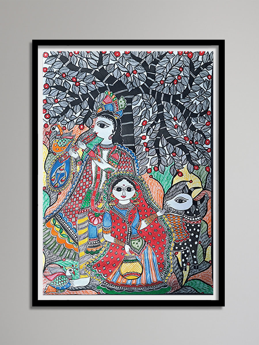 Buy Lord Krishna with his flute and a lady feeding a cow in Madhubani by Vibhuti Nath