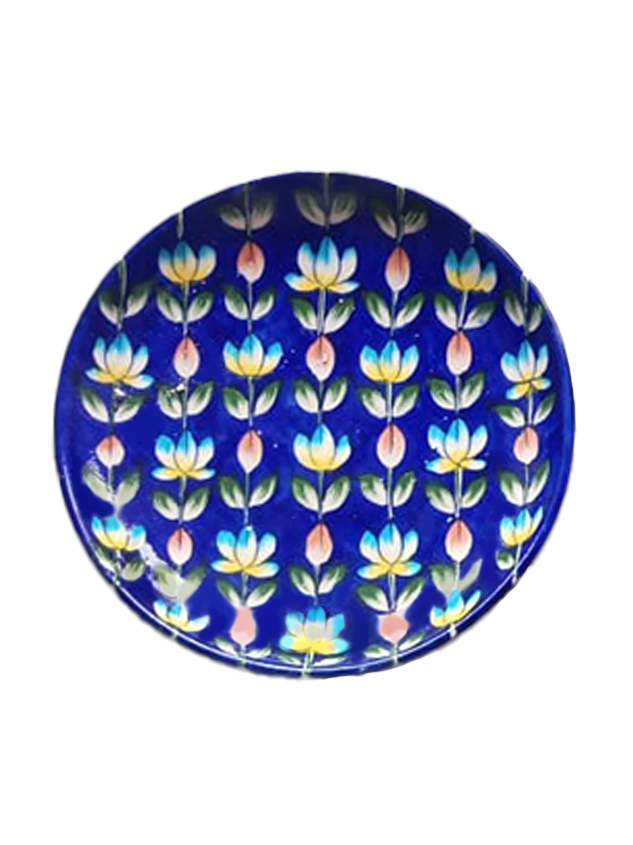 Lotus Florals in Blue Pottery Plates by Vikram Singh Kharol for Sale