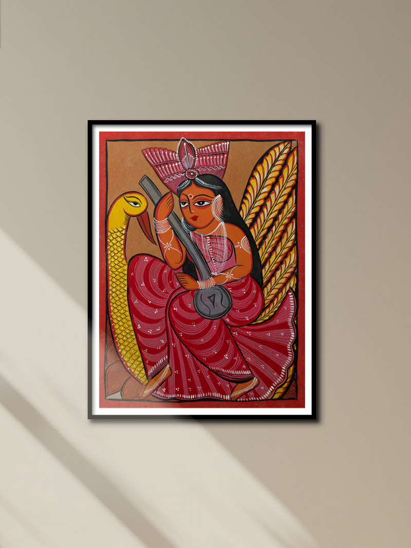 Maa Saraswati on a swan: Bengal Pattachitra by Manoranjan Chitrakar