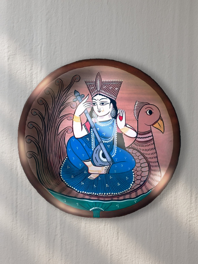 Maa Saraswati with her Veena Kalighat Plate by Hasir Chitrakar for Sale