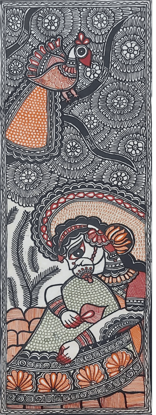 Maiden and Peacock in Madhubani by Priti Karn