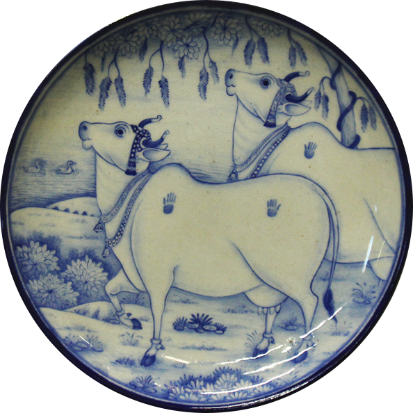 Majestic Cows in Blue Pottery Plates by Shilp Guru Gopal Saini