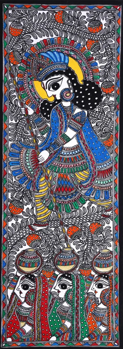 Makhan Chor Krishna in Madhubani Painting by Ambika Devi