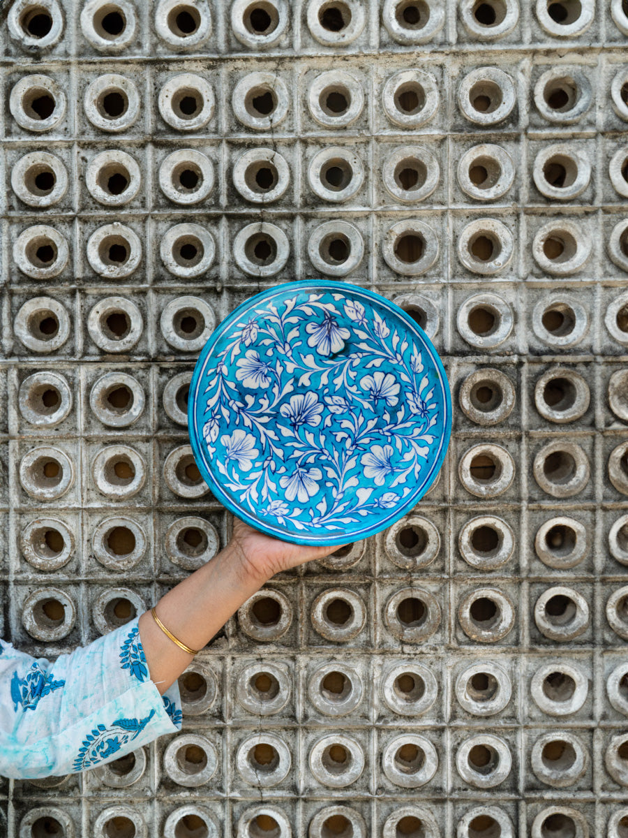 Hanpainted Floral Wall Plate Blue Pottery