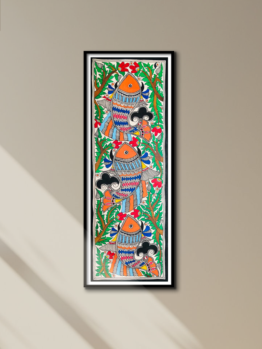 Nature's Tapestry: Fishes of Prosperity on the Tree of Life Madhubani Painting by Ambika Devi