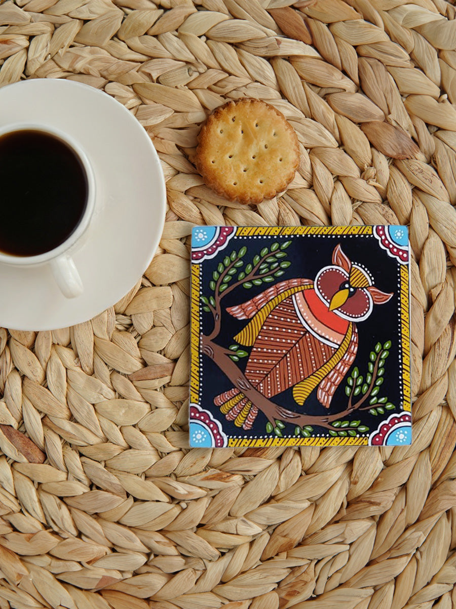 Owl in Tikuli coaster Bihar art set of 6 for sale